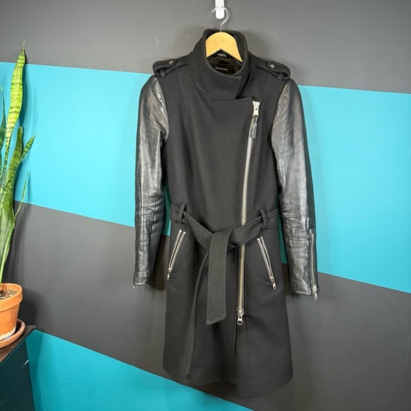 Mackage Dale Black Trench Coat with Leather Sleeves - Picture 8 of 16